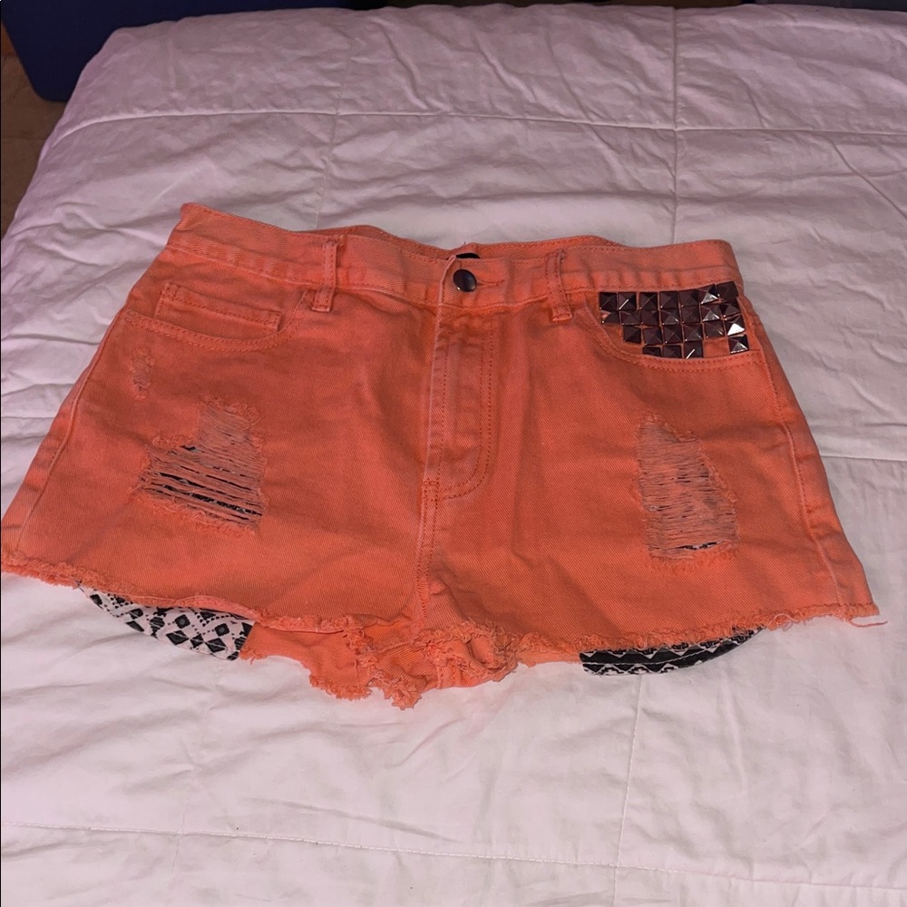 Forever 21 Orange Distressed Denim Shorts with Studded Pocket